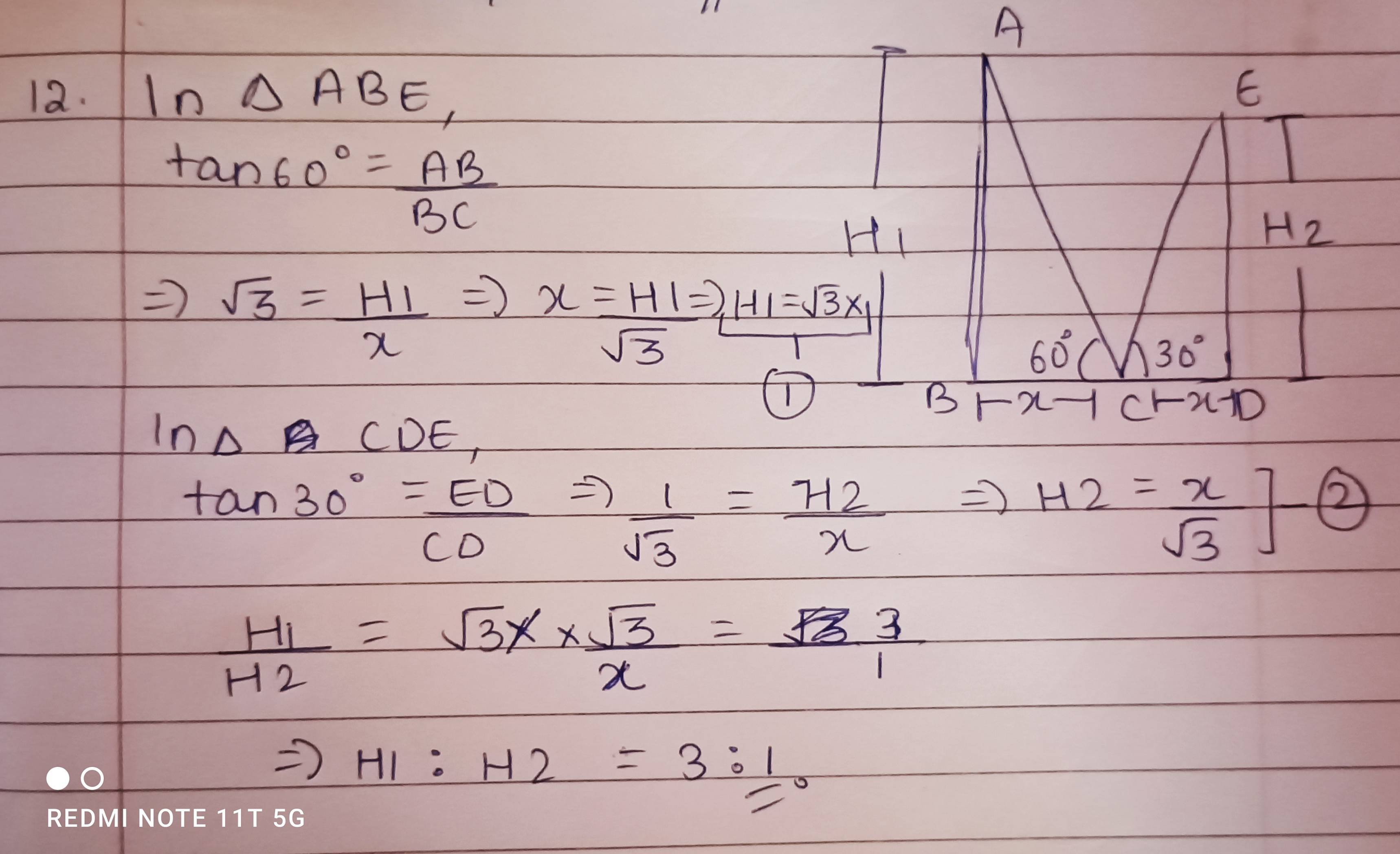if two towers of height H1 units and H2 unit substance angles of 60