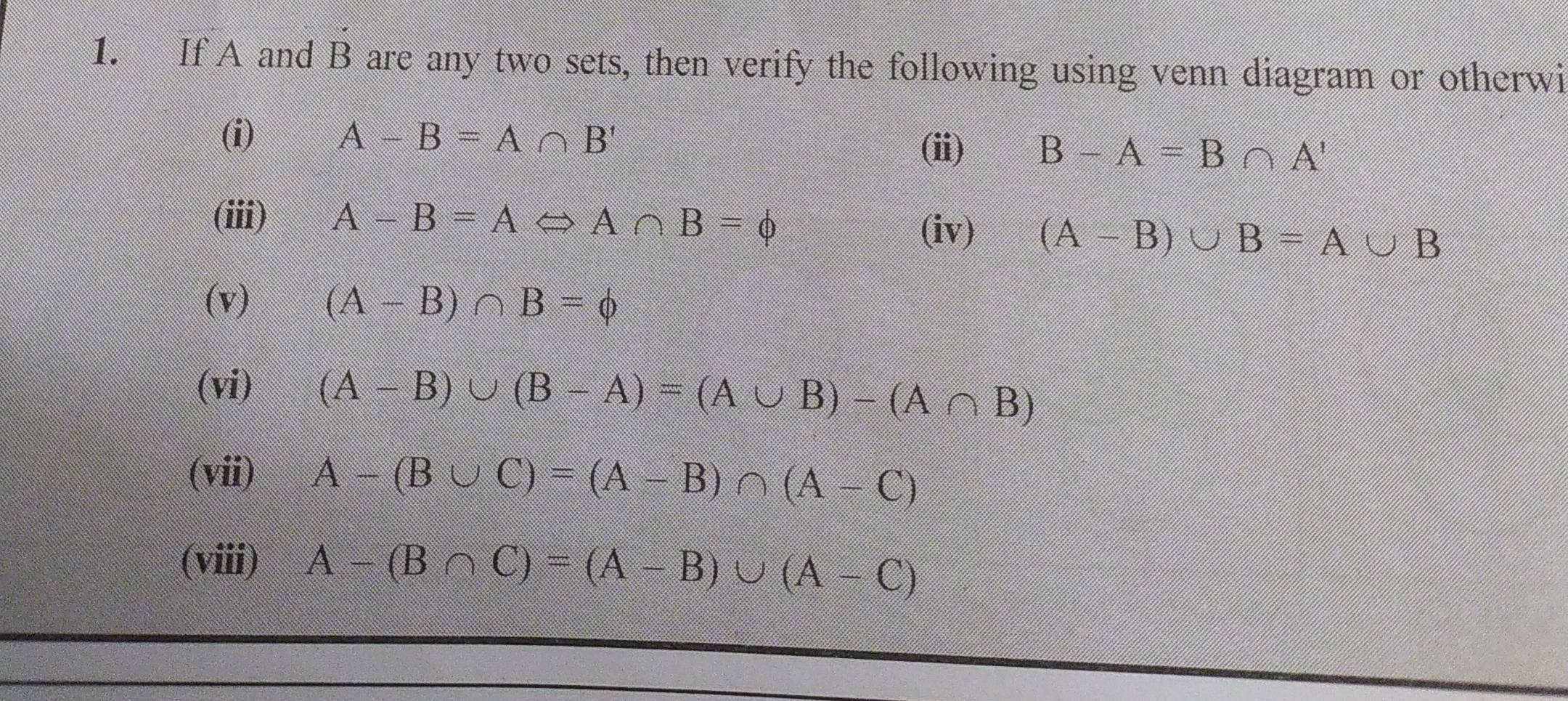 If A And B Are Two Sets, Then Verify The Following Using Venn Diagram ...