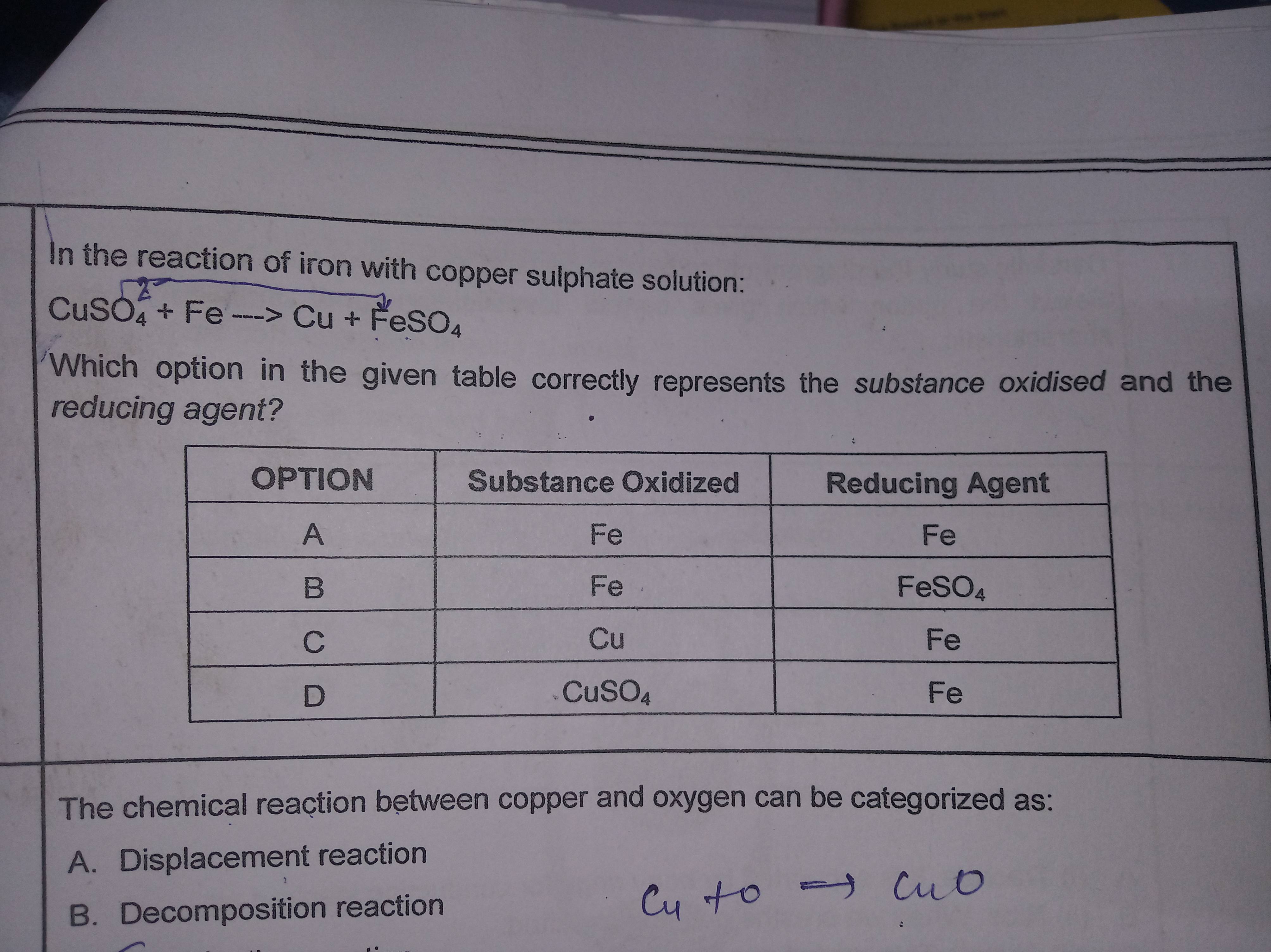 in the reaction of iron with copper sulphate solution which Sarthaks eConnect Largest Online