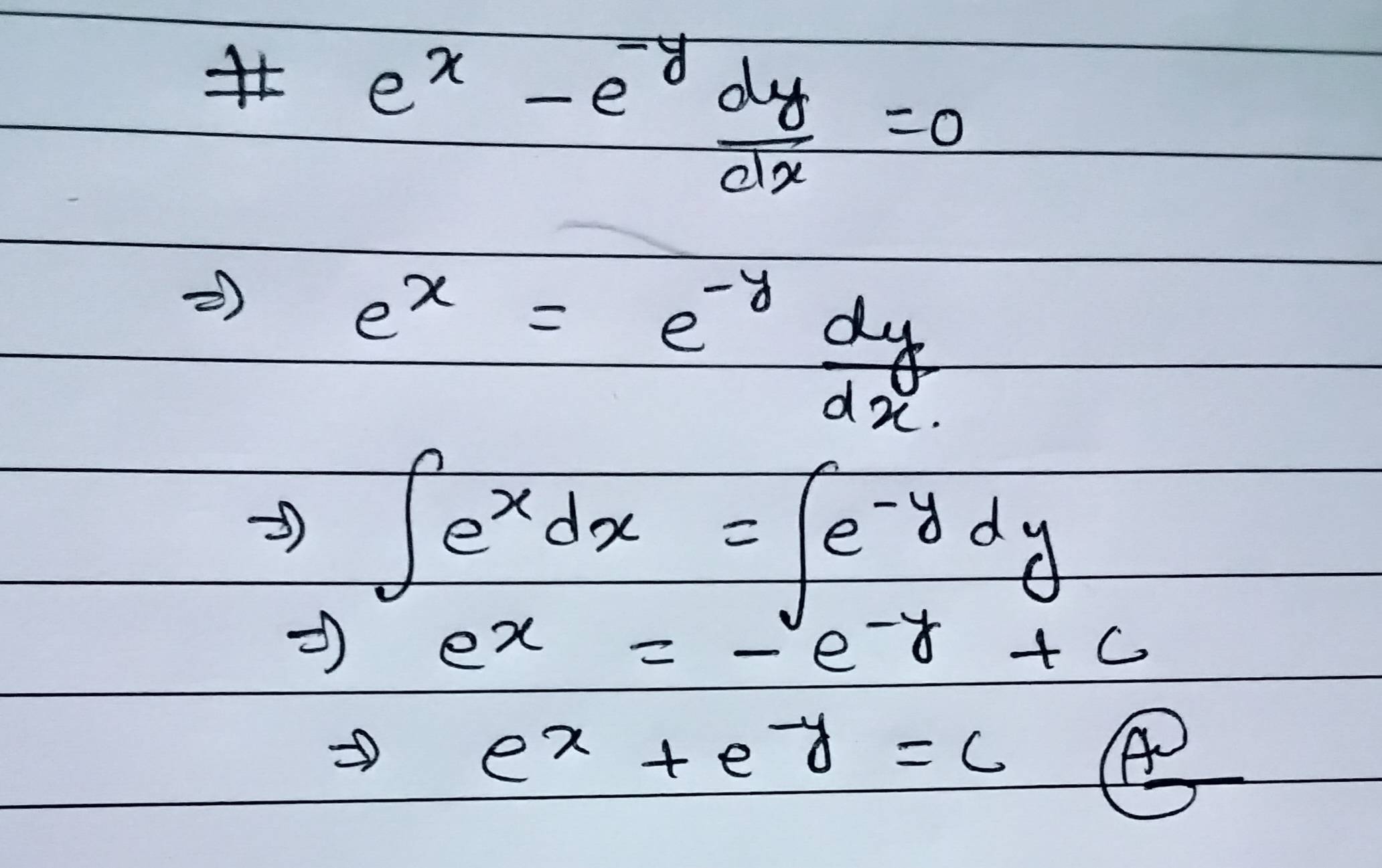 The solution of the differential equation \( e^{x}e^{y} \frac{d y}{d x}=0 \) Sarthaks
