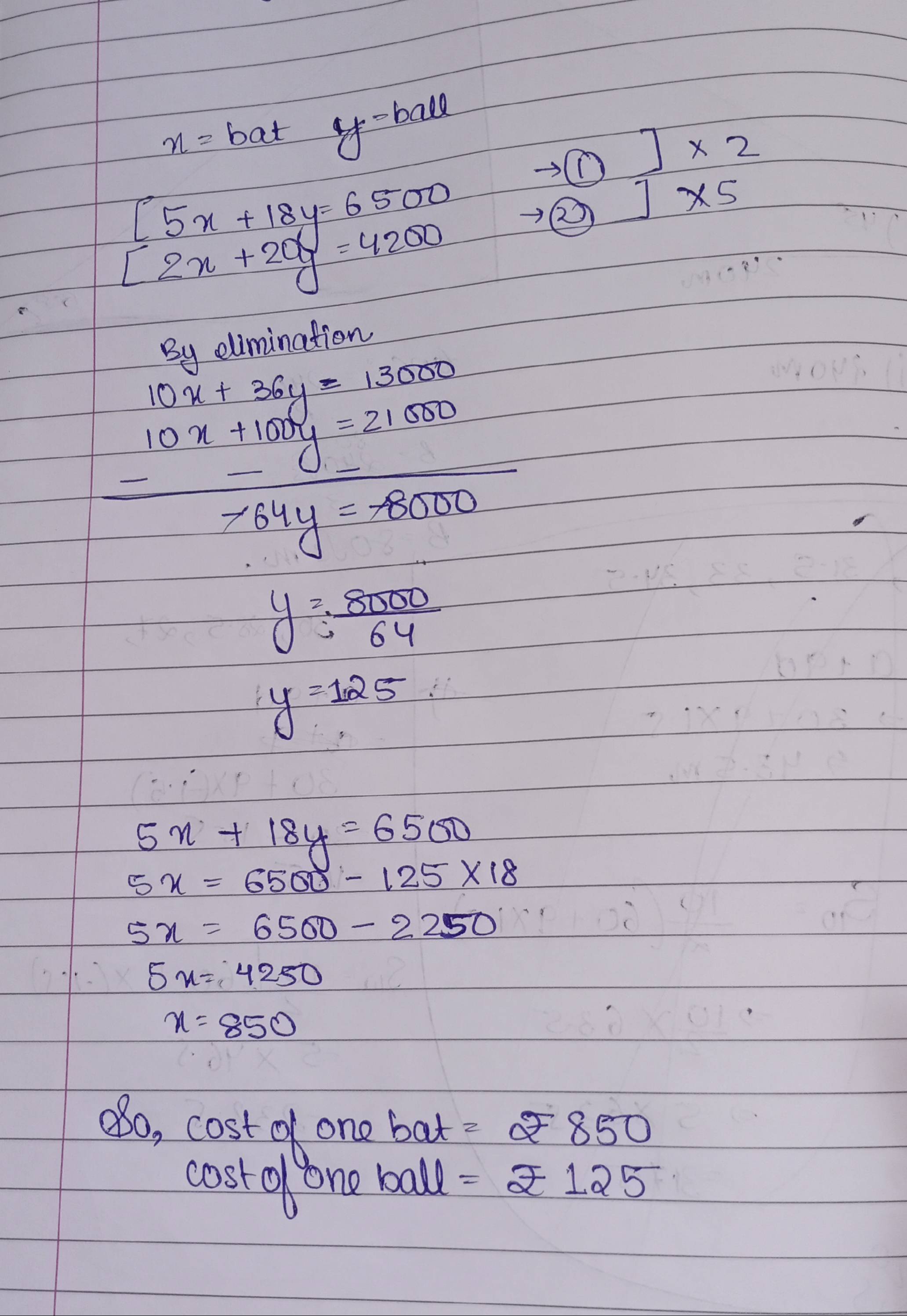 The cost of 5 bats and 18 balls is Rs 6,500 and the cost of 2 bats and