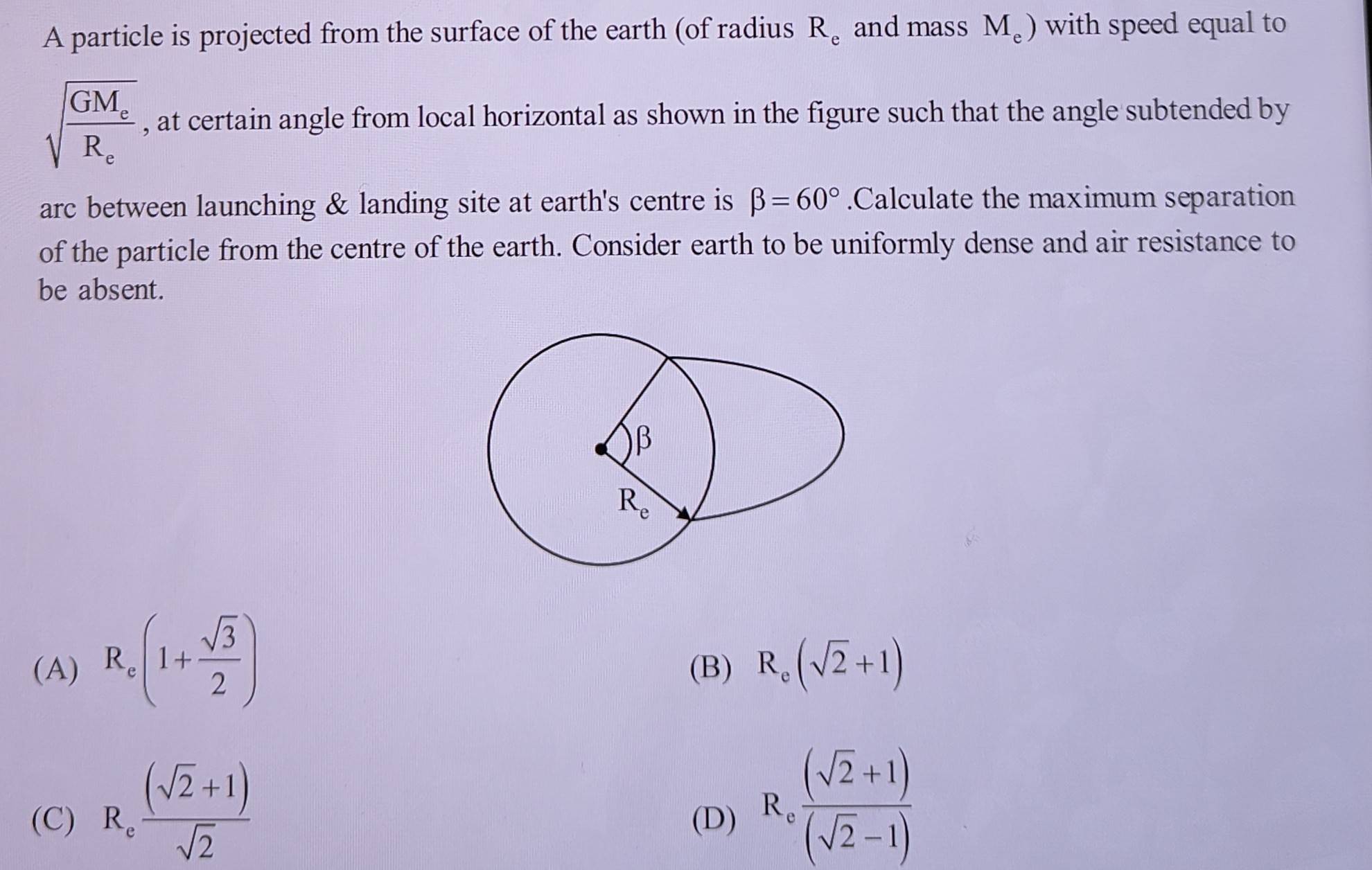 A particle is projected from the surface of the earth (of radius Re and ...